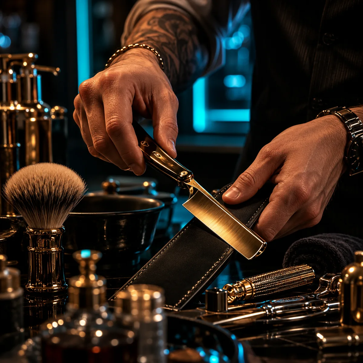 A barber holds a polished gold straight razor over a leather strop