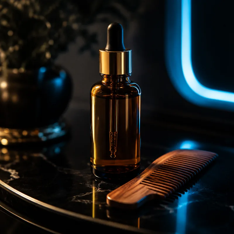 Amber beard-oil bottle and wooden comb