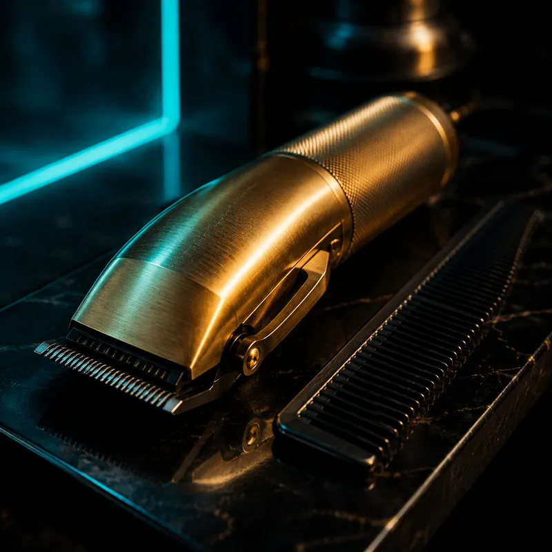 Gold clipper and comb on a black surface