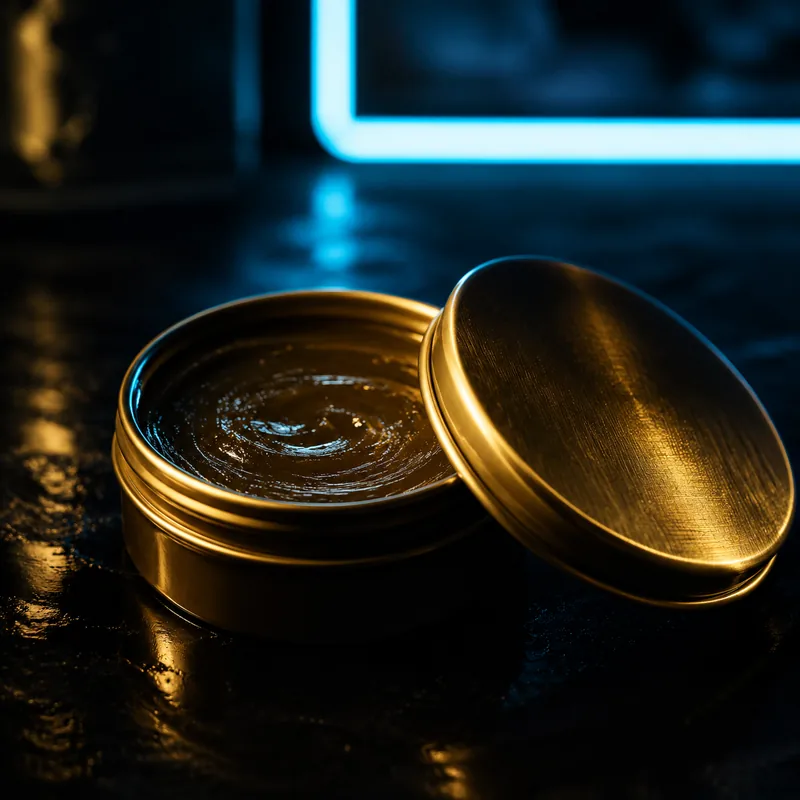 Open tin of styling pomade with a gold lid